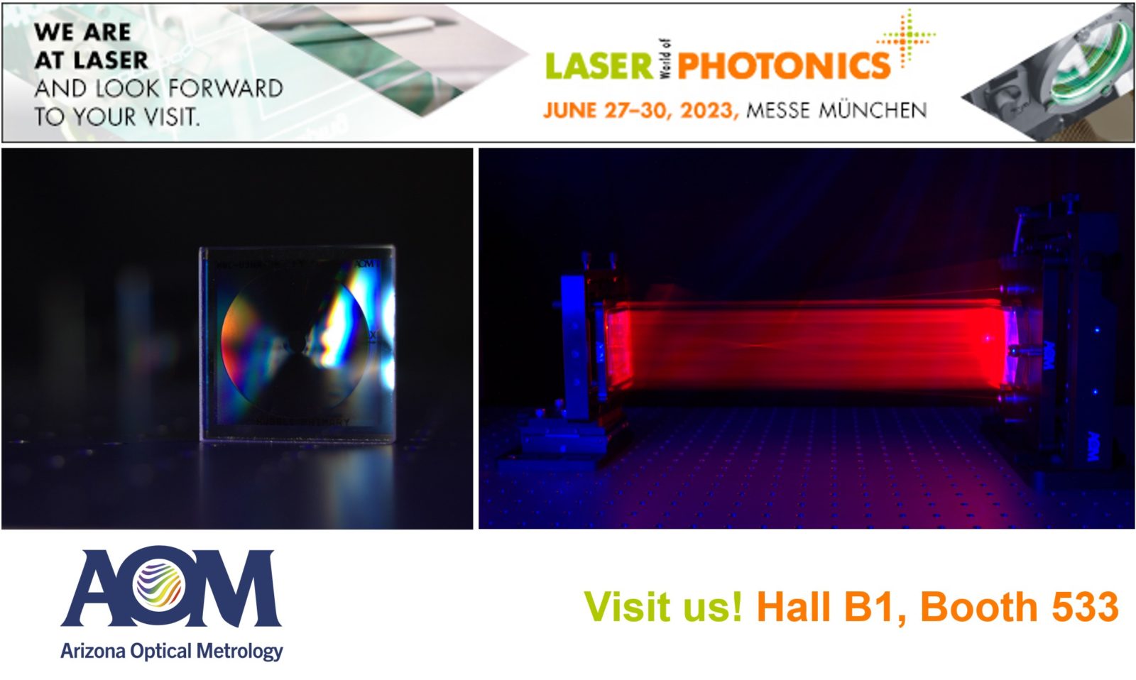 Informational banner with images of a computer-generated hologram and a laser shining out of an interferometer. It lists the date and booth number for AOM at the LASER World of PHOTONICS conference in Munich.