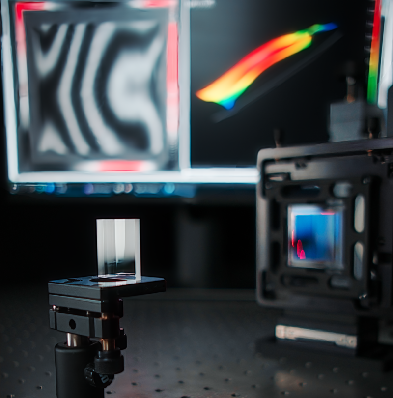 Cylinder optic being measure by a computer-generated hologram (CGH) metrology system with the fringe pattern and surface map on a computer screen in the background